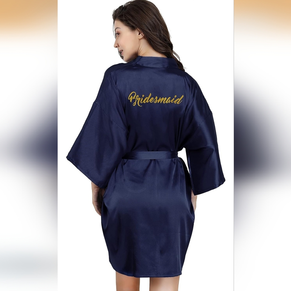 Bridesmaid Silky Satin Robe Navy Blue Gold
